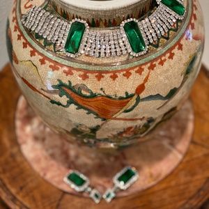 Vintage 1960's Emerald Rhinestone Choker& Earrings
